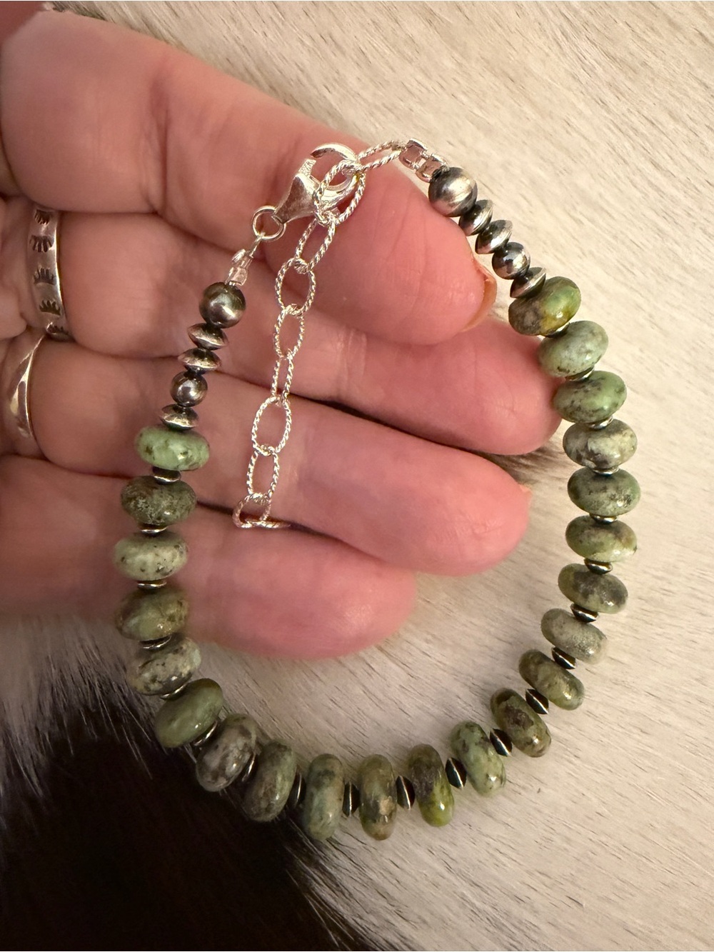 ❤️ 925 Desert Pearls & Saucers Cerrillos Green Turquoise Bracelet Unisex 7+2”L - Picture 8 of 13